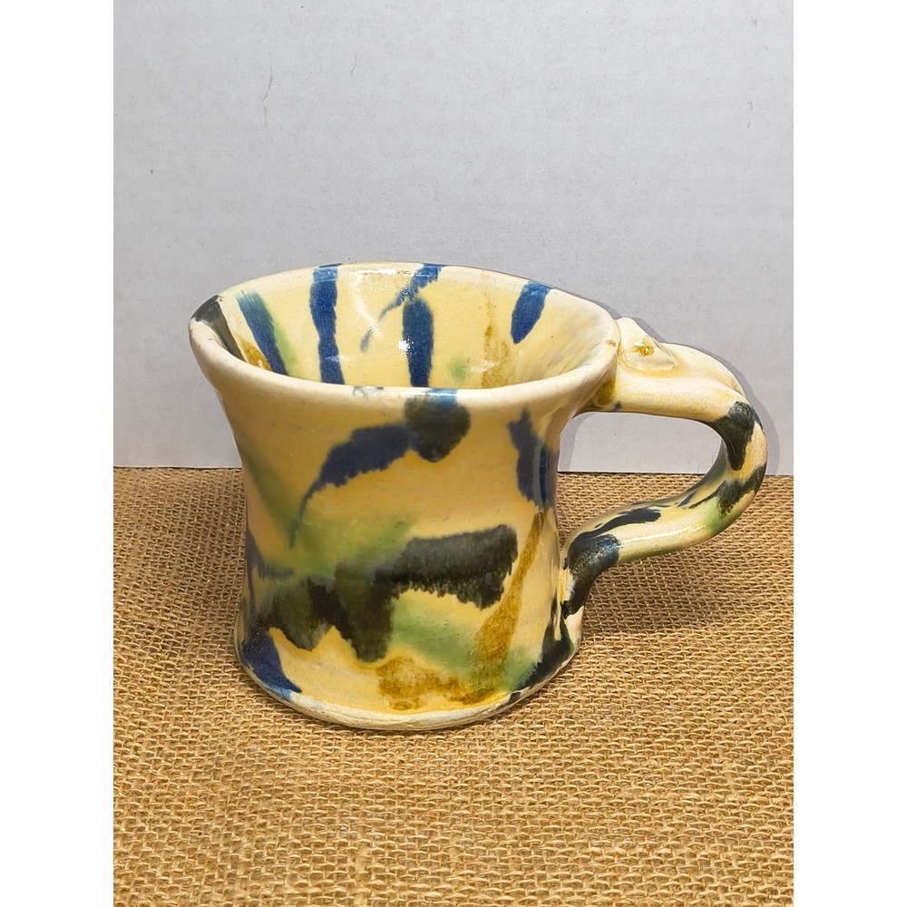 Boho Pottery Abstract Stripe Glaze Coffee Mug Tea Cup Signed Yellow Blue Green